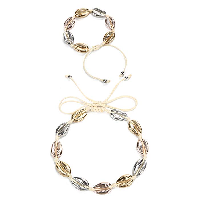 pulsera y collar de caracolas doradas y plateadas